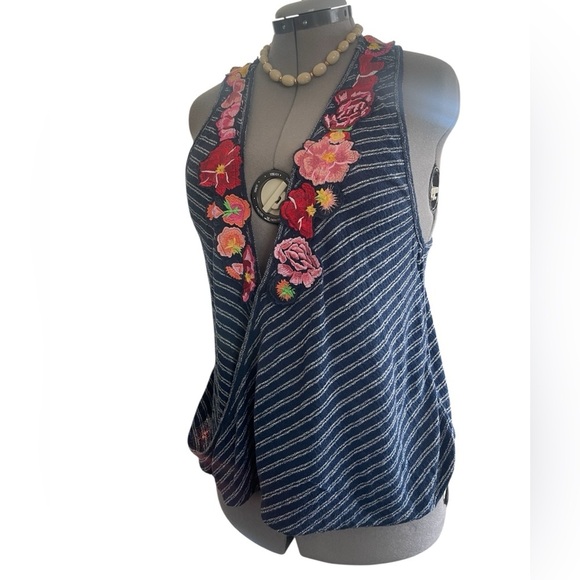 Free People Frida Embroidered Wrap Tank Top Large Blue Stripe Hi Lo - Picture 4 of 6